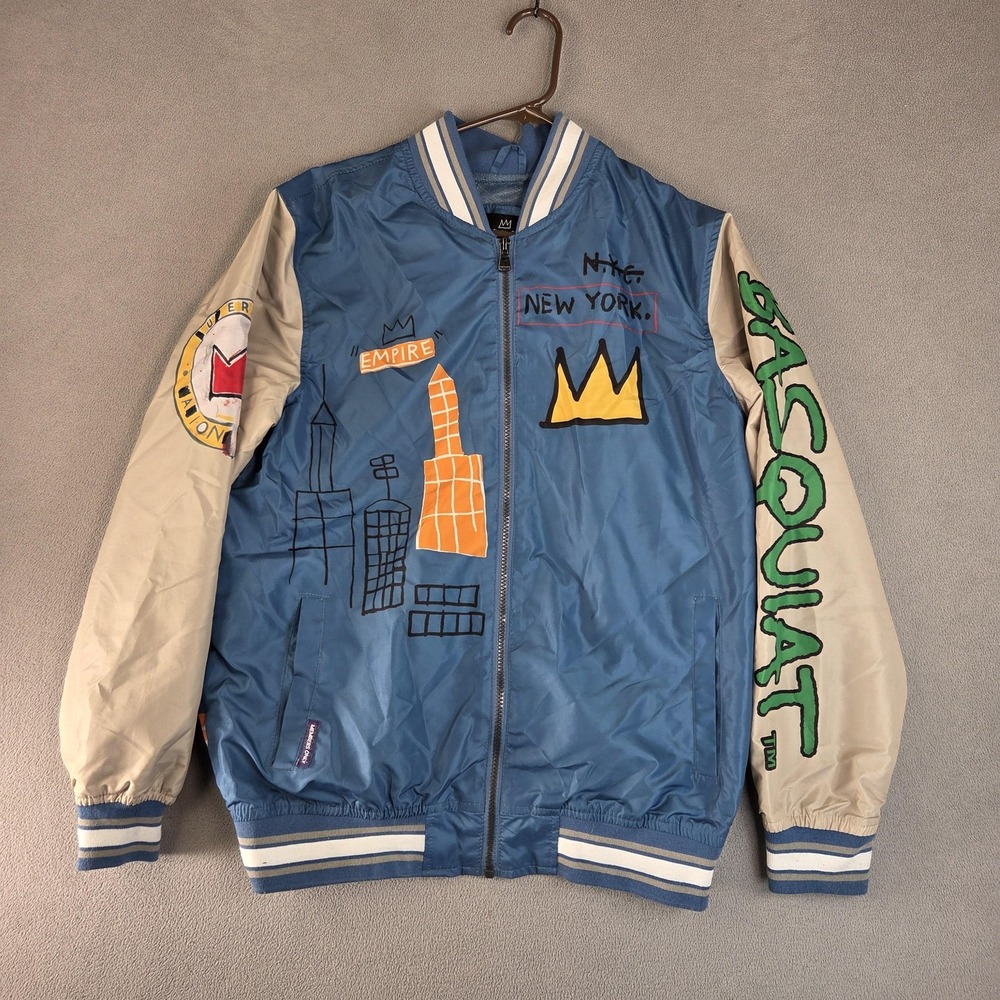 Jean-Michel Basquiat x Members Only Bomber Jacket Mens Small Blue Tan Graphic